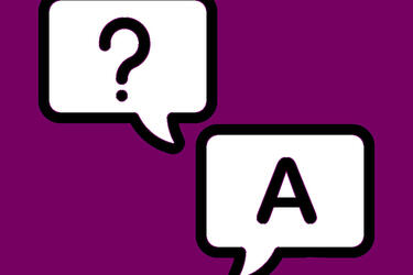 Illustration of two speech bubbles agains a purple background, one contains a question mark, the other a Letter A
