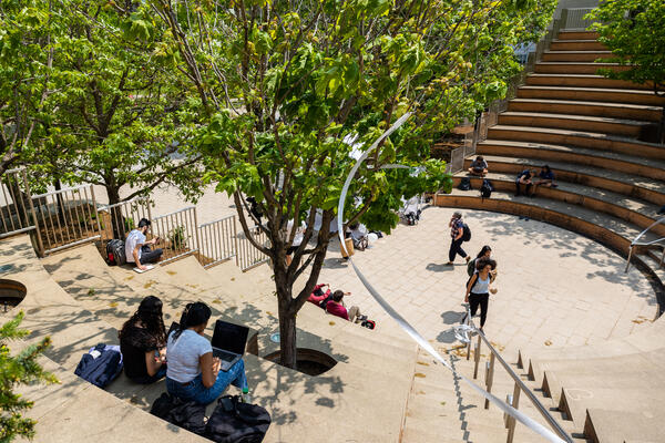 Students study at the amphitheatre near STATA 