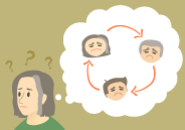 Person with a worried expression and question marks floating around their head. A thought bubble above their head contains that person and two family members looking sick with arrows between them indicating that they are passing an infection back and forth
