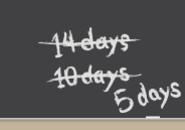 illustration of a chalkboard with text, '5 days' and text that is crossed out, '14 days, 10 days'