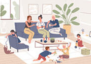Illustration of three adults on a couch in a living room while three small children play on the floor and in a chair nearby